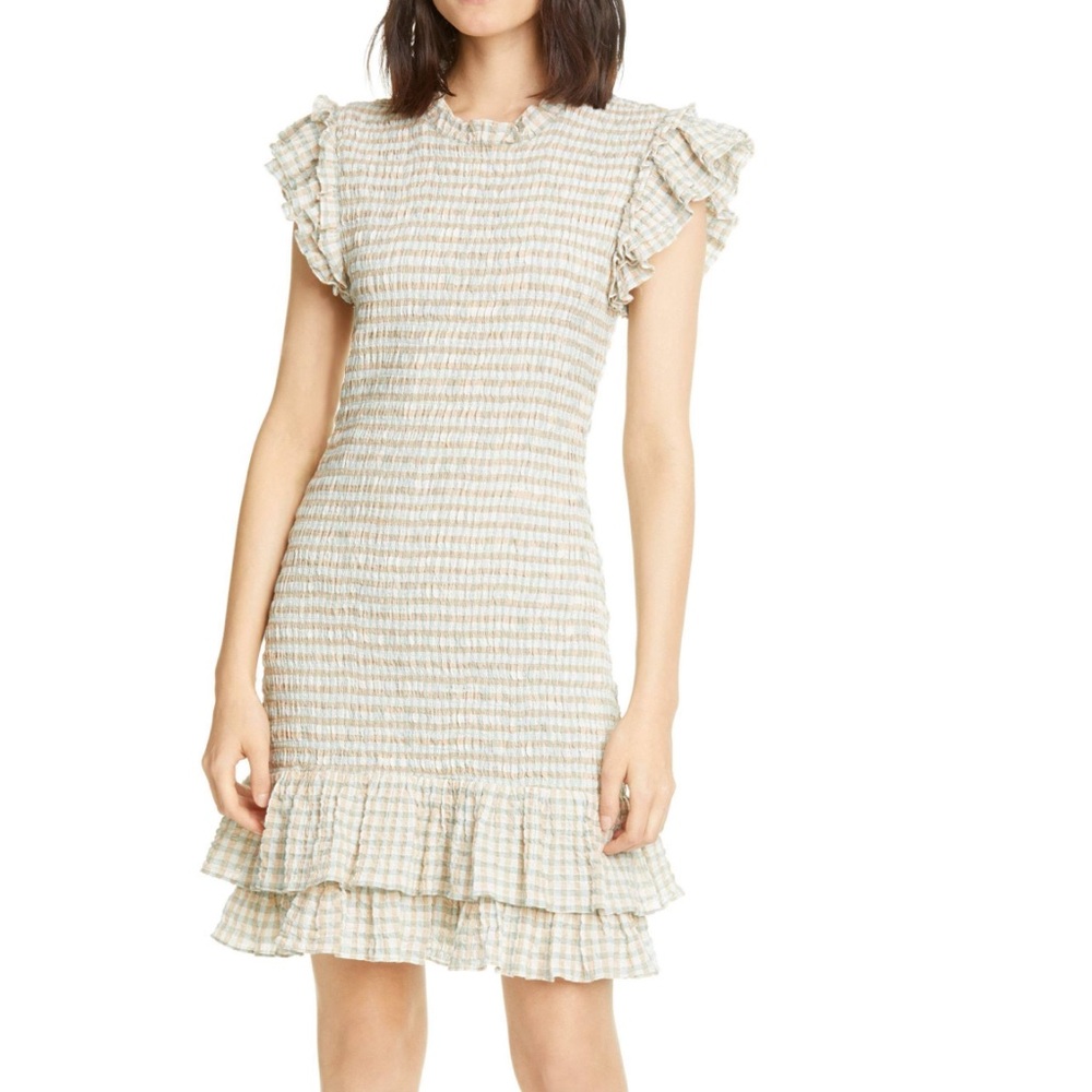 Veronica Beard Cici Smocked Mini Dress Women size 8 Multi Color Gingham Pastels